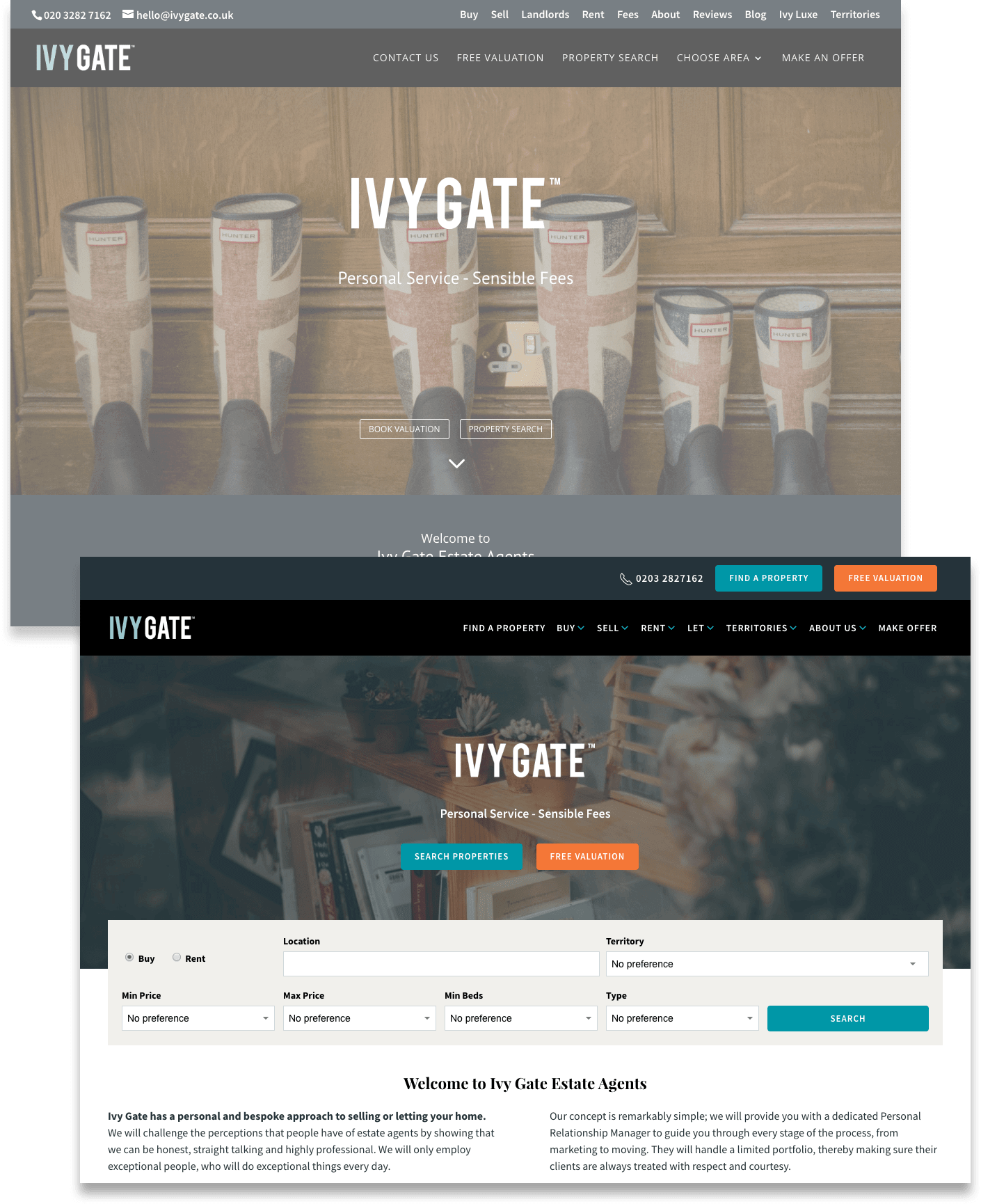 Ivy Gate homepage UI design - before and after comparison